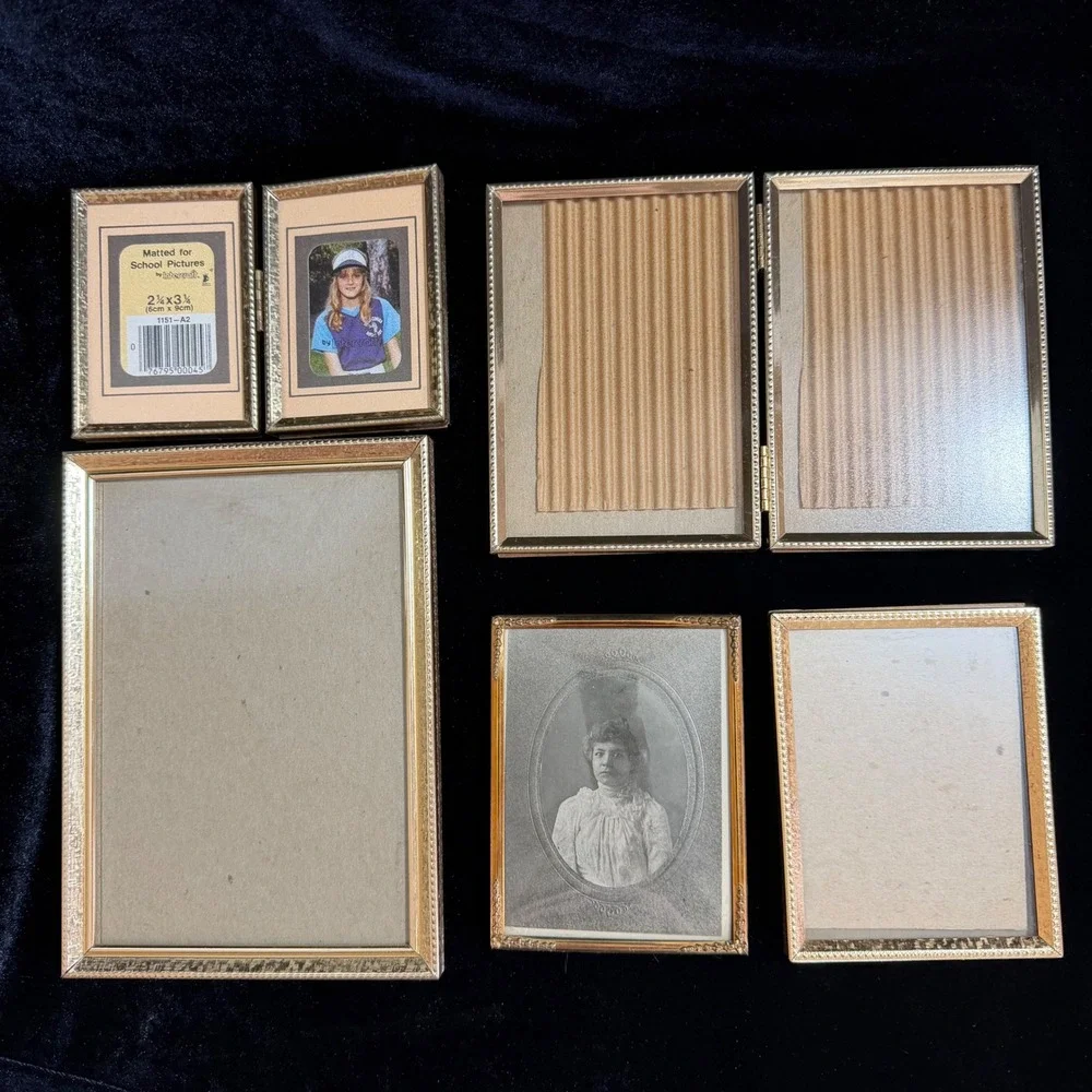 Vintage Gold Metal Picture Frame Lot Hinged Double & Single Tabletop Frames 5 pc